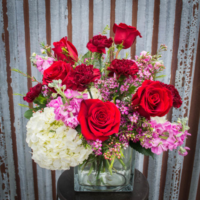 Glass Cube Arrangement - Reds, Pinks, & Whites from Marion Flower Shop in Marion, OH